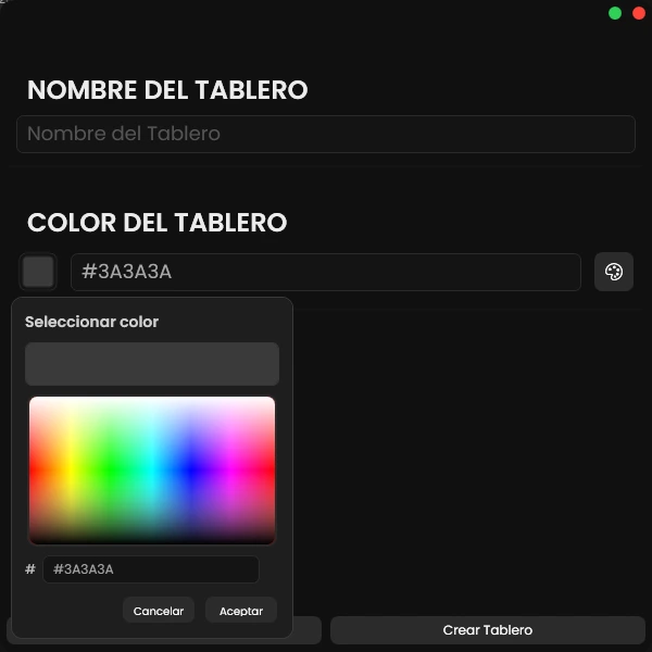 create board screen & color selector pop-up
